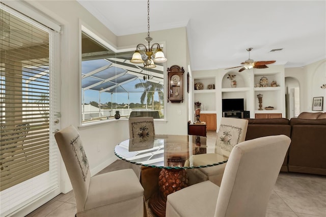 dining room featuring light tile patterned flooring and ceiling fan with notable chandelier