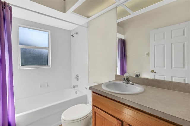 full bathroom with vanity, shower / bathtub combination with curtain, and toilet