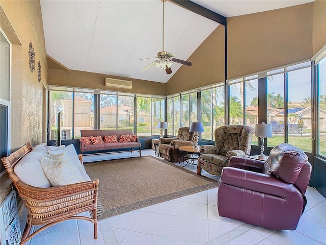 sunroom featuring an AC wall unit, a wealth of natural light, ceiling fan, and lofted ceiling with beams