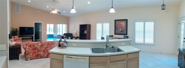 4101 Limerick Dr, Lake Wales, FL 33859 - kitchen with open floor plan, dishwasher, vaulted ceiling, a ceiling fan, and light tile patterned flooring