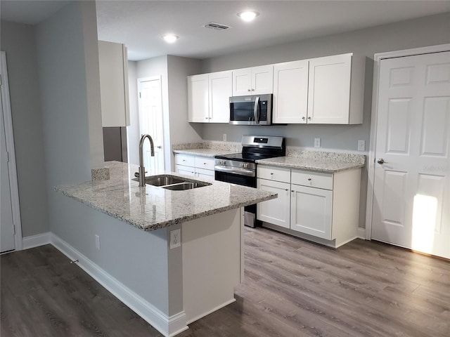 kitchen featuring kitchen peninsula, stainless steel appliances, sink, hardwood / wood-style flooring, and white cabinetry