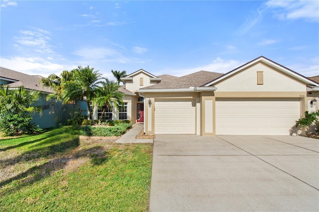 single story home featuring a front yard and a garage