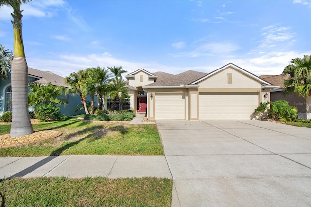 single story home with a garage and a front lawn