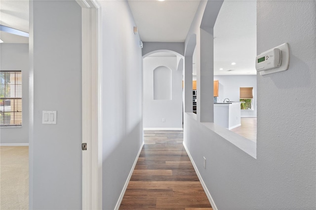 hallway featuring dark wood-type flooring and sink