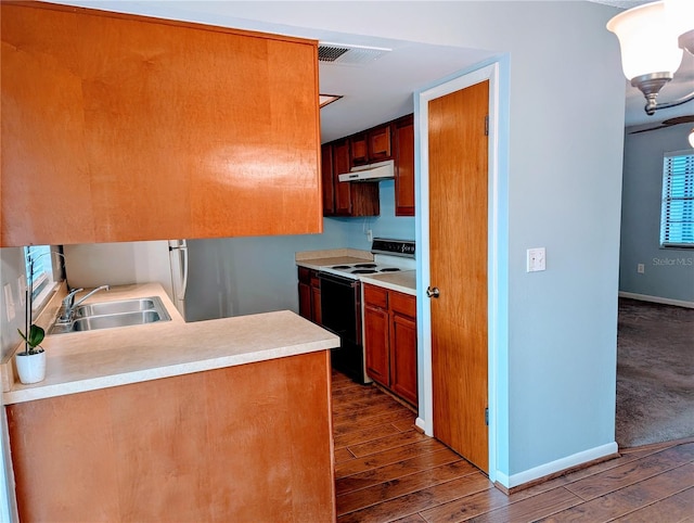 kitchen featuring under cabinet range hood, dark wood-type flooring, range with electric cooktop, a sink, and light countertops