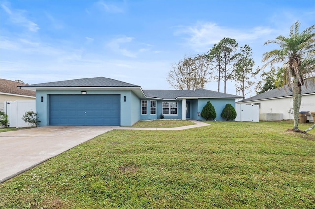 ranch-style home with a front yard and a garage