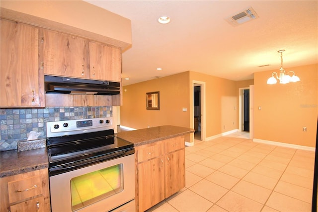 kitchen with tasteful backsplash, stainless steel range with electric stovetop, decorative light fixtures, a chandelier, and light tile patterned flooring