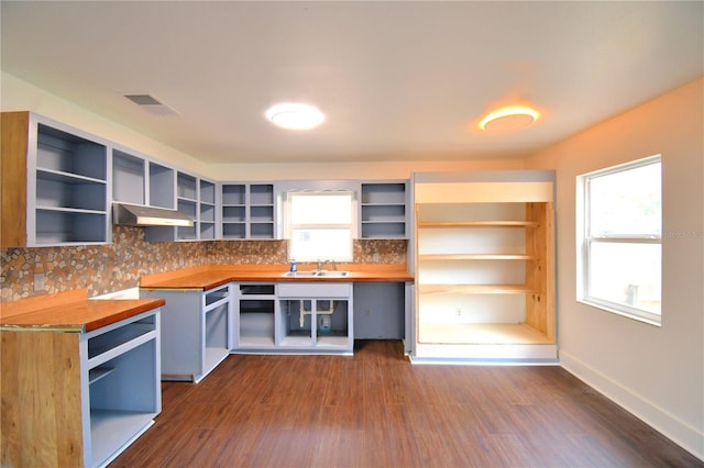 kitchen featuring wood counters, dark hardwood / wood-style flooring, sink, and extractor fan