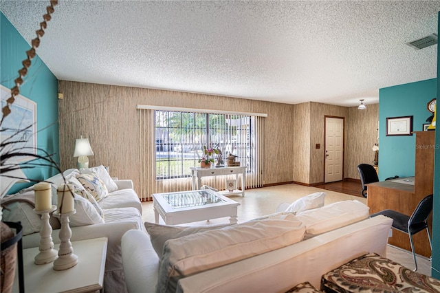 living room with a textured ceiling and hardwood / wood-style flooring