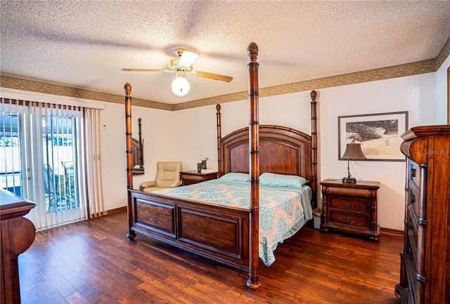 bedroom with access to outside, a textured ceiling, dark hardwood / wood-style floors, and ceiling fan