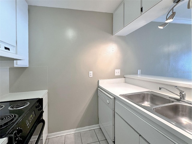 kitchen with white cabinetry, dishwasher, sink, black range with electric cooktop, and light tile patterned floors