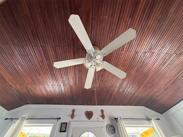 interior details featuring wooden ceiling, ceiling fan, and crown molding