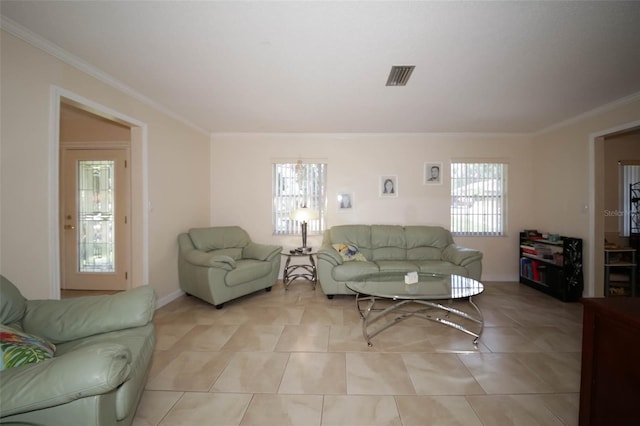 living room featuring crown molding and light tile patterned flooring