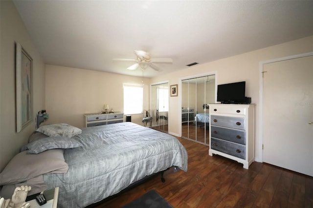 bedroom with dark hardwood / wood-style flooring, two closets, and ceiling fan