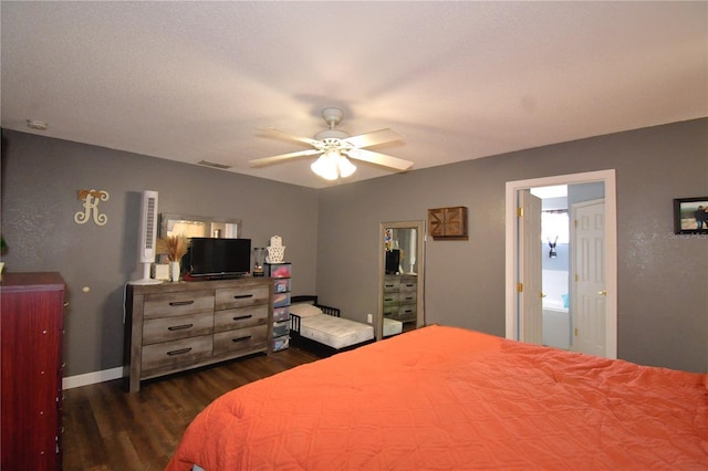 bedroom featuring ceiling fan and dark wood-type flooring