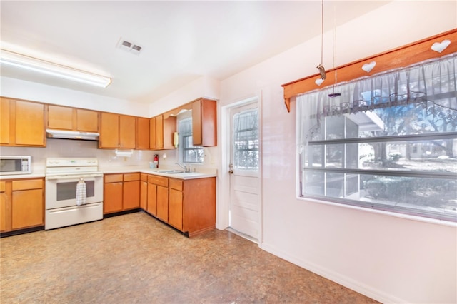 kitchen featuring white appliances, ventilation hood, a wealth of natural light, and sink