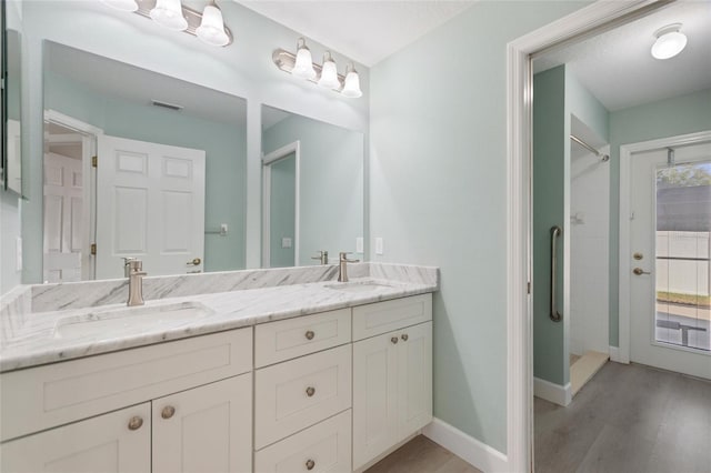 bathroom with hardwood / wood-style flooring, vanity, and a wealth of natural light