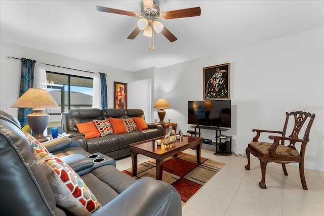 living room with light tile patterned floors and ceiling fan