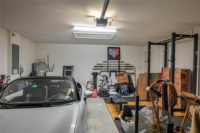 garage with electric panel, electric water heater, and a garage door opener