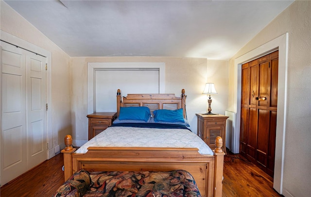 bedroom with multiple closets, dark hardwood / wood-style floors, and lofted ceiling