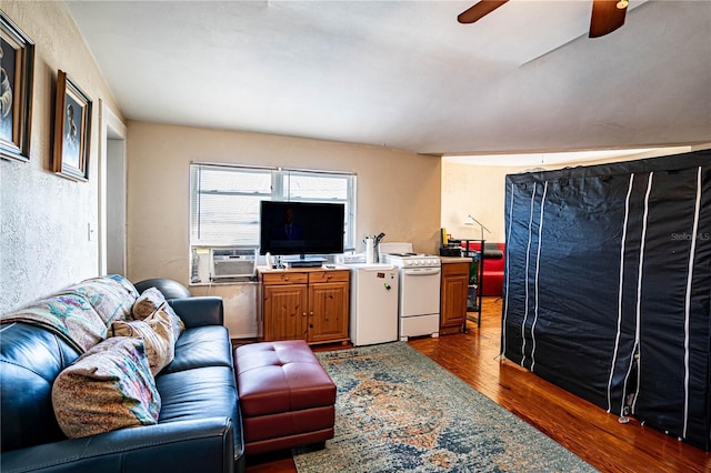 living room featuring cooling unit and dark wood-type flooring