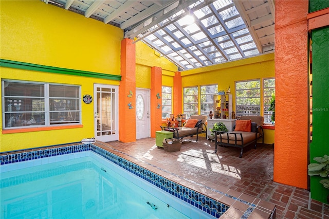 view of swimming pool featuring a pergola, an outdoor hangout area, and a patio