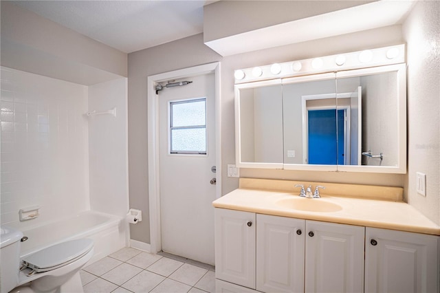 full bathroom featuring tile patterned floors, shower / bathing tub combination, vanity, and toilet