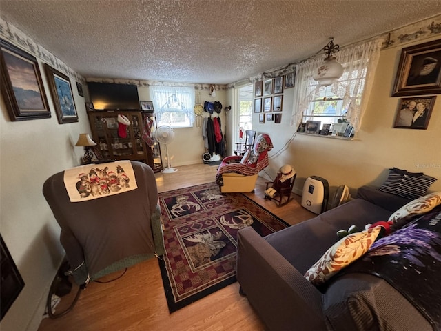 living room featuring a textured ceiling and light hardwood / wood-style flooring