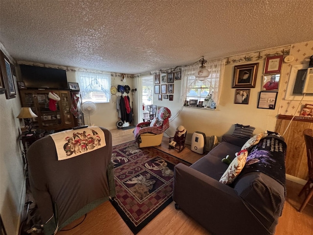 living room with wood-type flooring and a textured ceiling