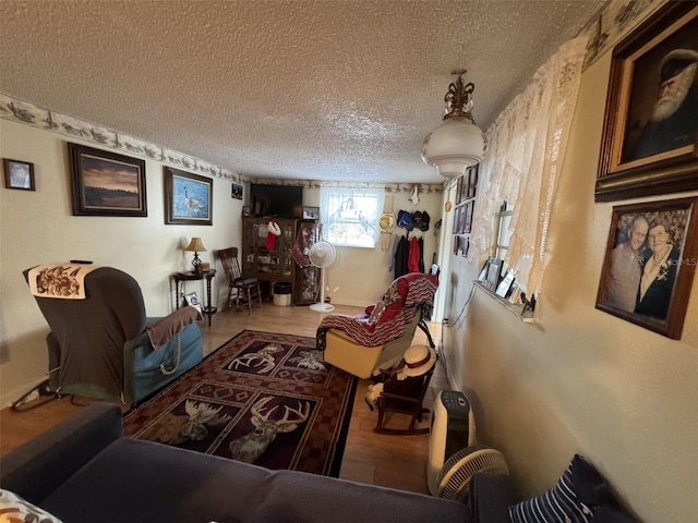 living room with a textured ceiling and hardwood / wood-style flooring
