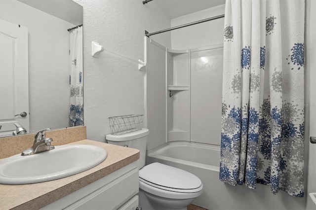 full bathroom with vanity, toilet, and shower / bathtub combination with curtain