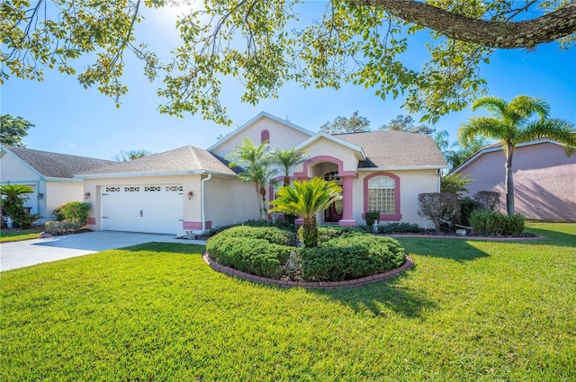 ranch-style home with a front yard and a garage