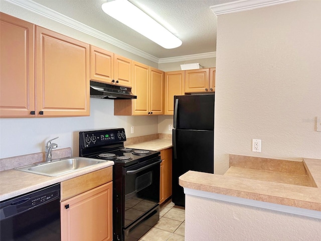 kitchen featuring light brown cabinets, black appliances, crown molding, sink, and light tile patterned floors