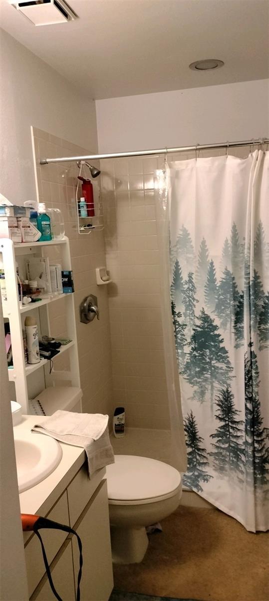 bathroom with curtained shower, vanity, and toilet