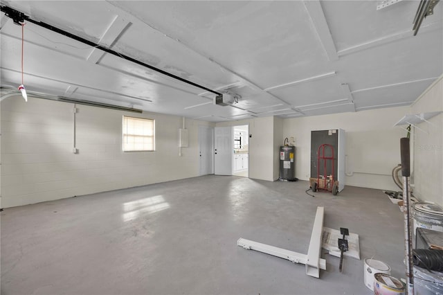 garage featuring a garage door opener and water heater