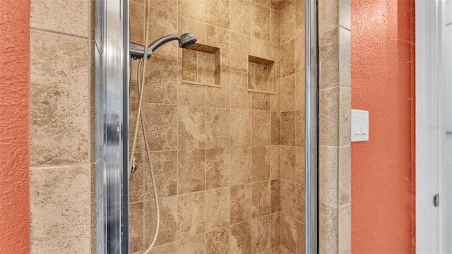 details with a shower with door