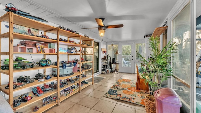 storage area featuring ceiling fan