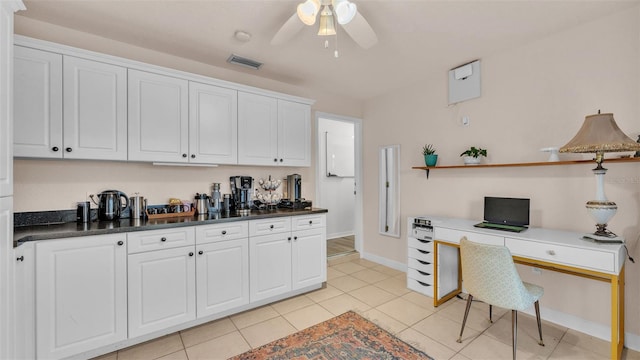 1769 S Lake Reedy Blvd, Frostproof, FL 33843 - kitchen featuring white cabinetry, a ceiling fan, dark countertops, open shelves, and light tile patterned flooring