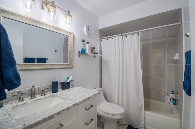 full bathroom featuring toilet, vanity, and shower / bathtub combination with curtain