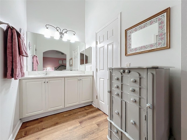 bathroom with vanity and hardwood / wood-style flooring