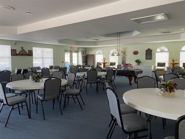 carpeted dining room featuring a textured ceiling, a raised ceiling, and pool table