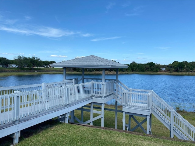 dock area with a deck with water view