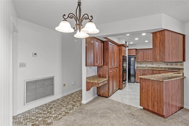 kitchen featuring pendant lighting, a chandelier, black appliances, tasteful backsplash, and light colored carpet