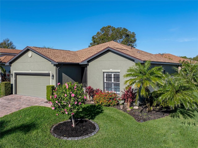 ranch-style home featuring a garage and a front lawn