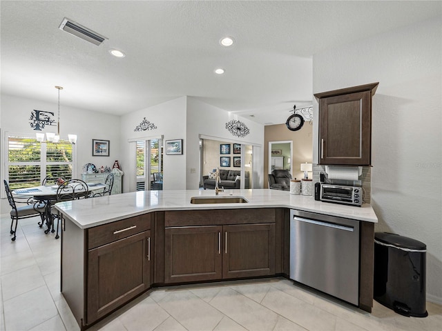 kitchen featuring sink, stainless steel dishwasher, kitchen peninsula, pendant lighting, and dark brown cabinets