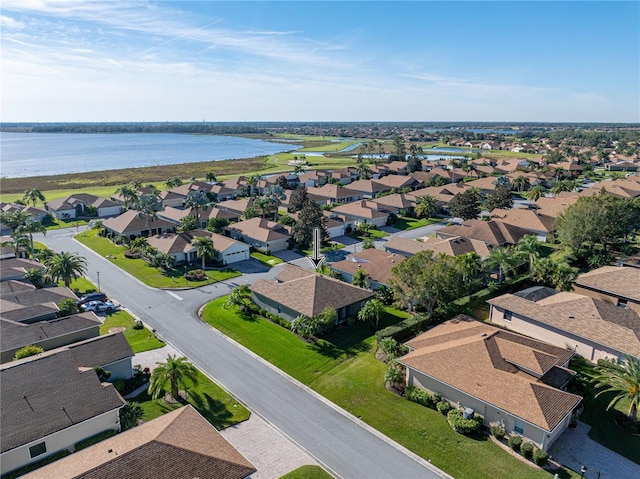 drone / aerial view featuring a water view