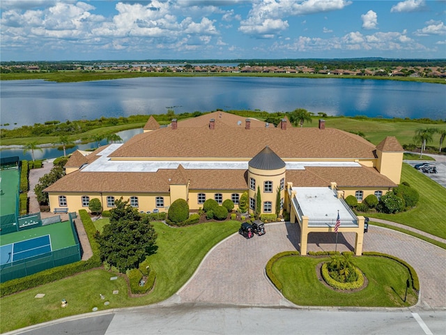 drone / aerial view with a water view