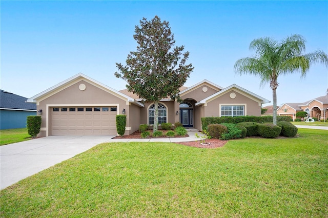 ranch-style house featuring a front lawn and a garage