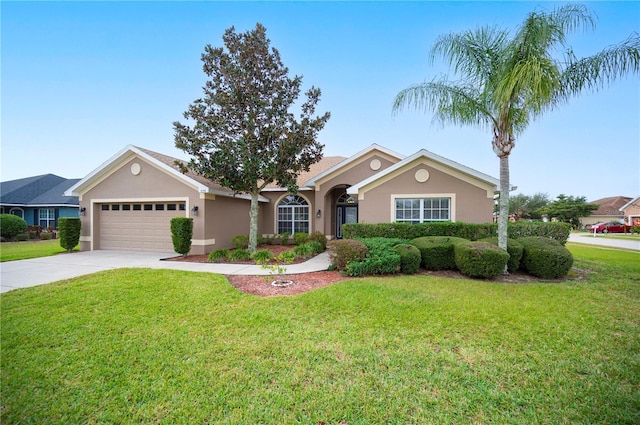 single story home with a front yard and a garage