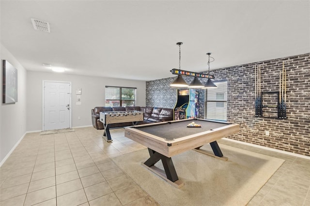 game room with light tile patterned floors, billiards, and brick wall